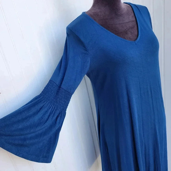 Spense Stretch Viscose Teal Turquoise Knee Length Dress Bell Sleeve V-Neck Sz M - Picture 3 of 10
